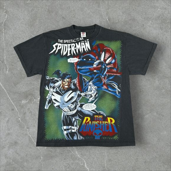 Vintage Spider-Man VS The Punisher Marvel AOP Sz XL Single Stitch Reprint Shirt - Picture 1 of 8